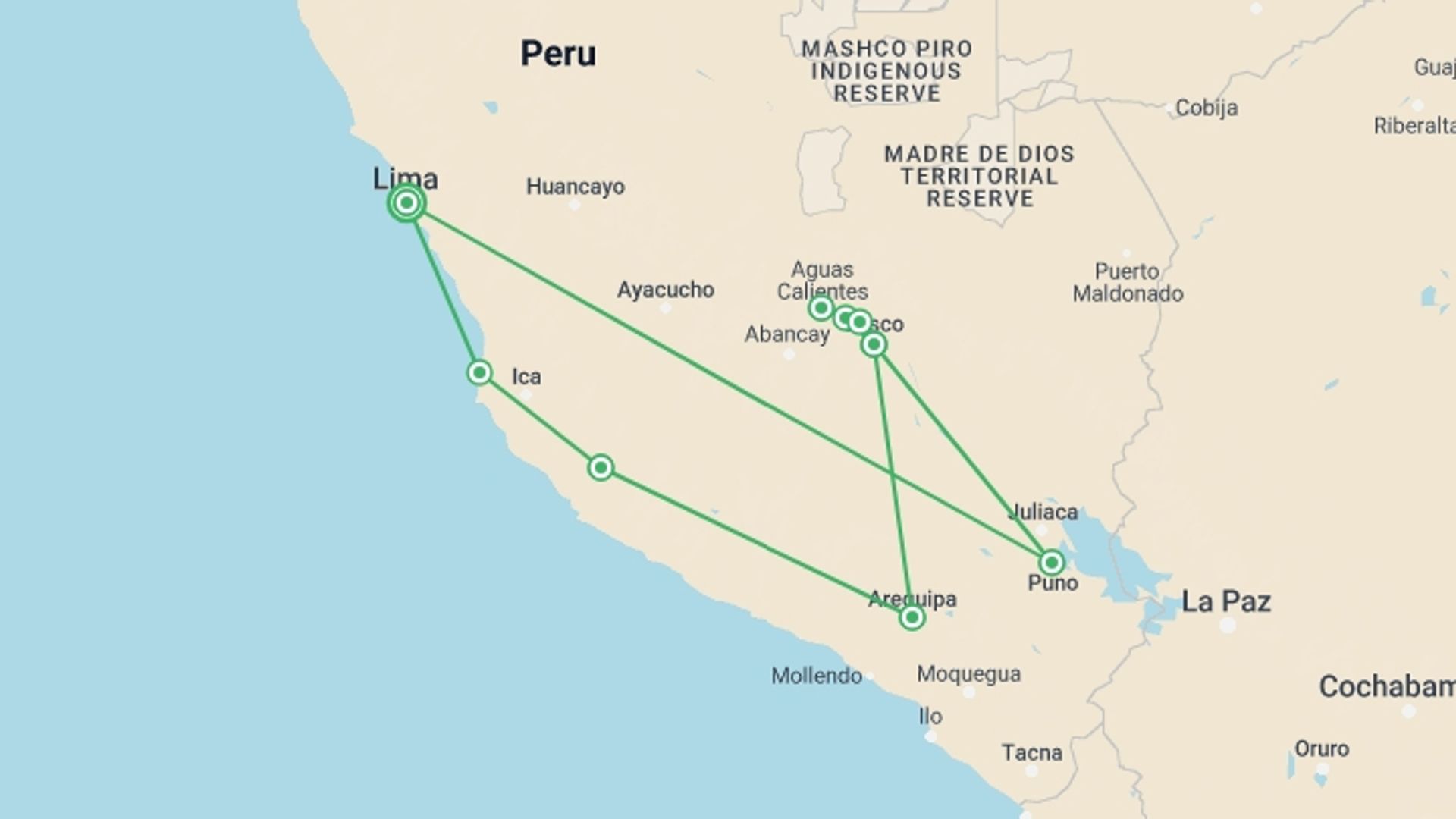 A map showing the tour itinerary for the trip: Journeys: Inca Explorer, starting in Lima, Peru and ending in Lima, Peru going through 7 other destinations.