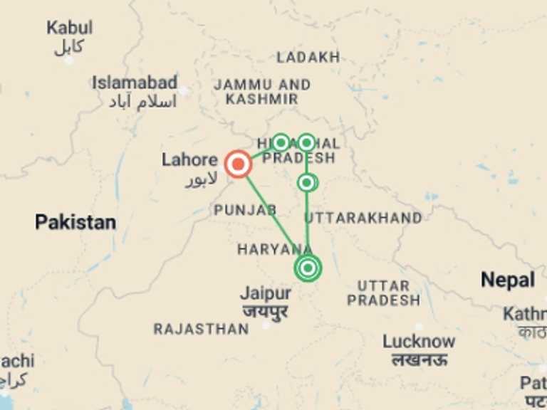Map of New Delhi Natural landmarks sightseeing Tour with 5 destination visits for the trip: Himachal Tour With Amritsar