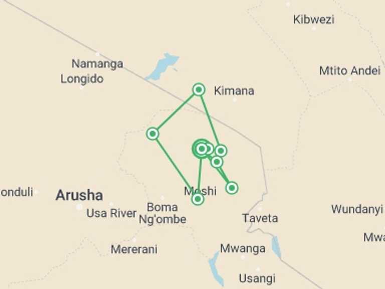 Map itinerary of Moshi Tour in Fall with 8 destination visits for the trip: Rongai Route, Silver Level Climb (on Request)