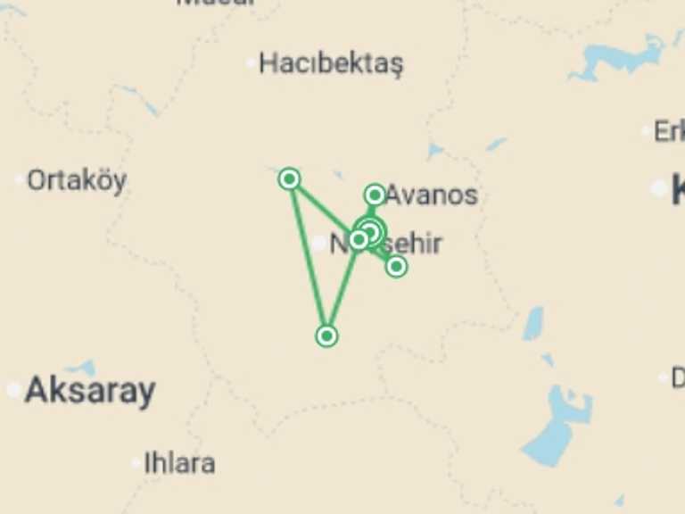 Map itinerary of Turkey Tour in September 2025 with 7 destination visits for the trip: Walking in Cappadocia