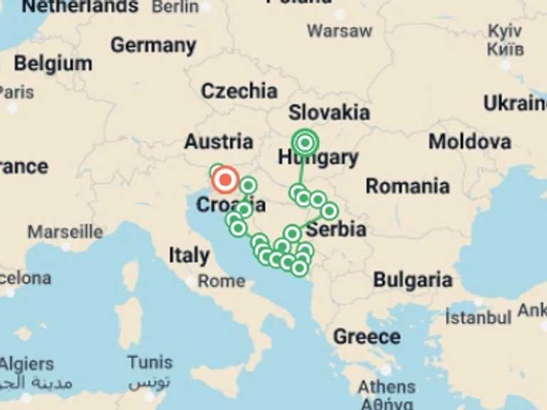 Map of Sarajevo Adventure Tour with 16 destination visits for the trip: Budapest to Ljubljana
