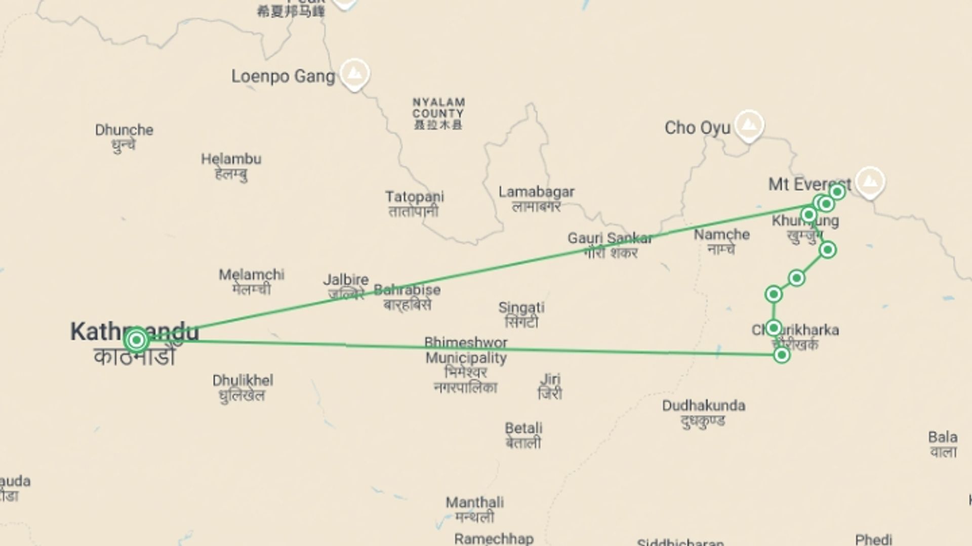 A map showing the tour itinerary for the trip: Everest Base Camp Trek With Chopper Return (9 Days), starting in Kathmandu, Nepal and ending in Kathmandu, Nepal going through 7 other destinations.