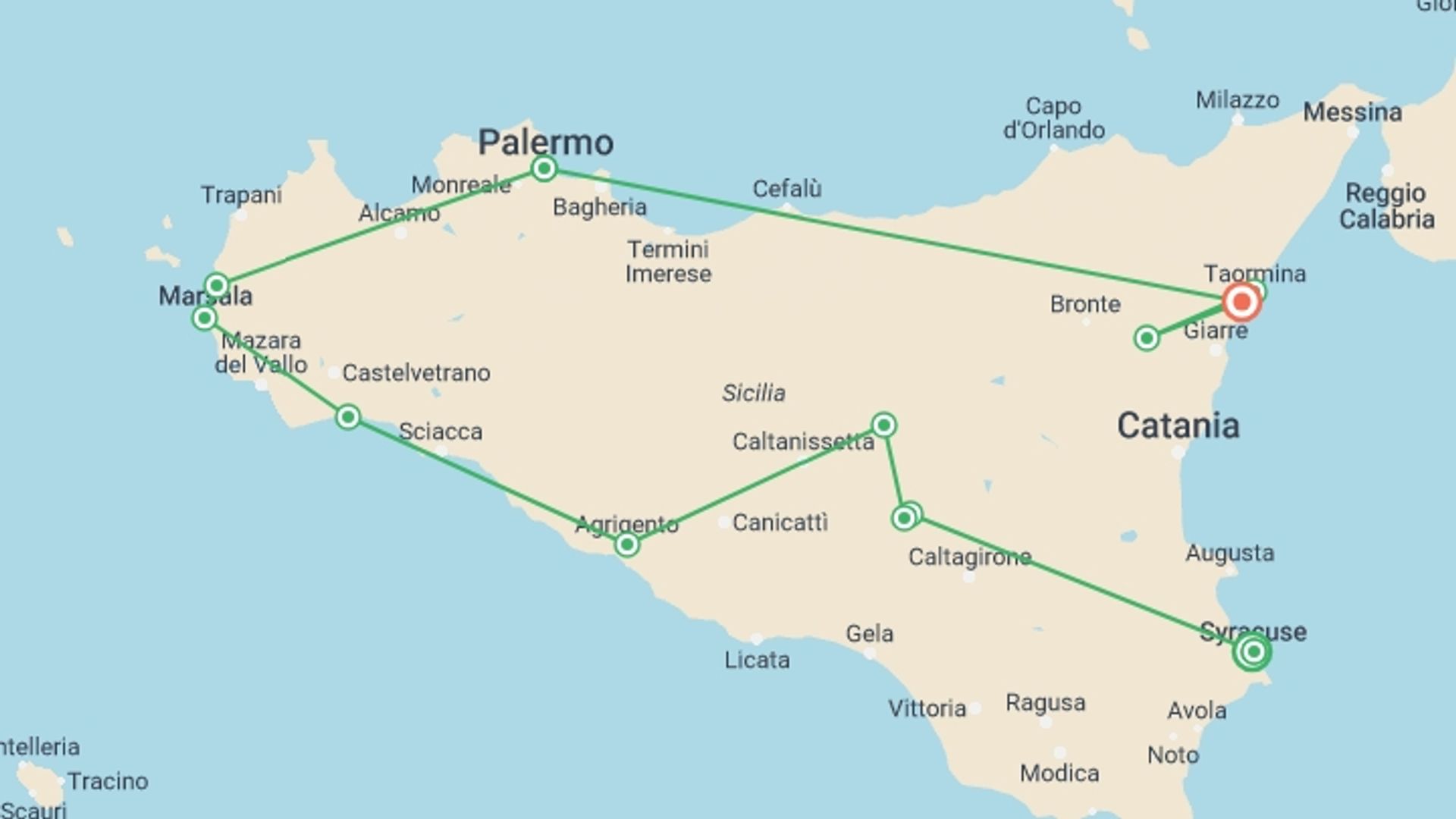 A map showing the tour itinerary for the trip: Ancient Sicily, starting in Syracuse, Italy and ending in Giardini Naxos, Italy going through 10 other destinations.