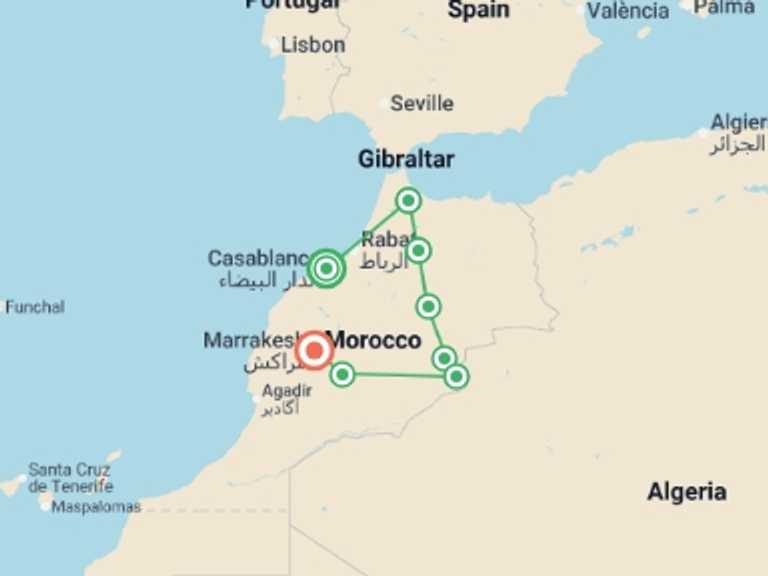 Map of Mediterranean Tour with 7 destination visits for the trip: Morocco: Souks & Spices
