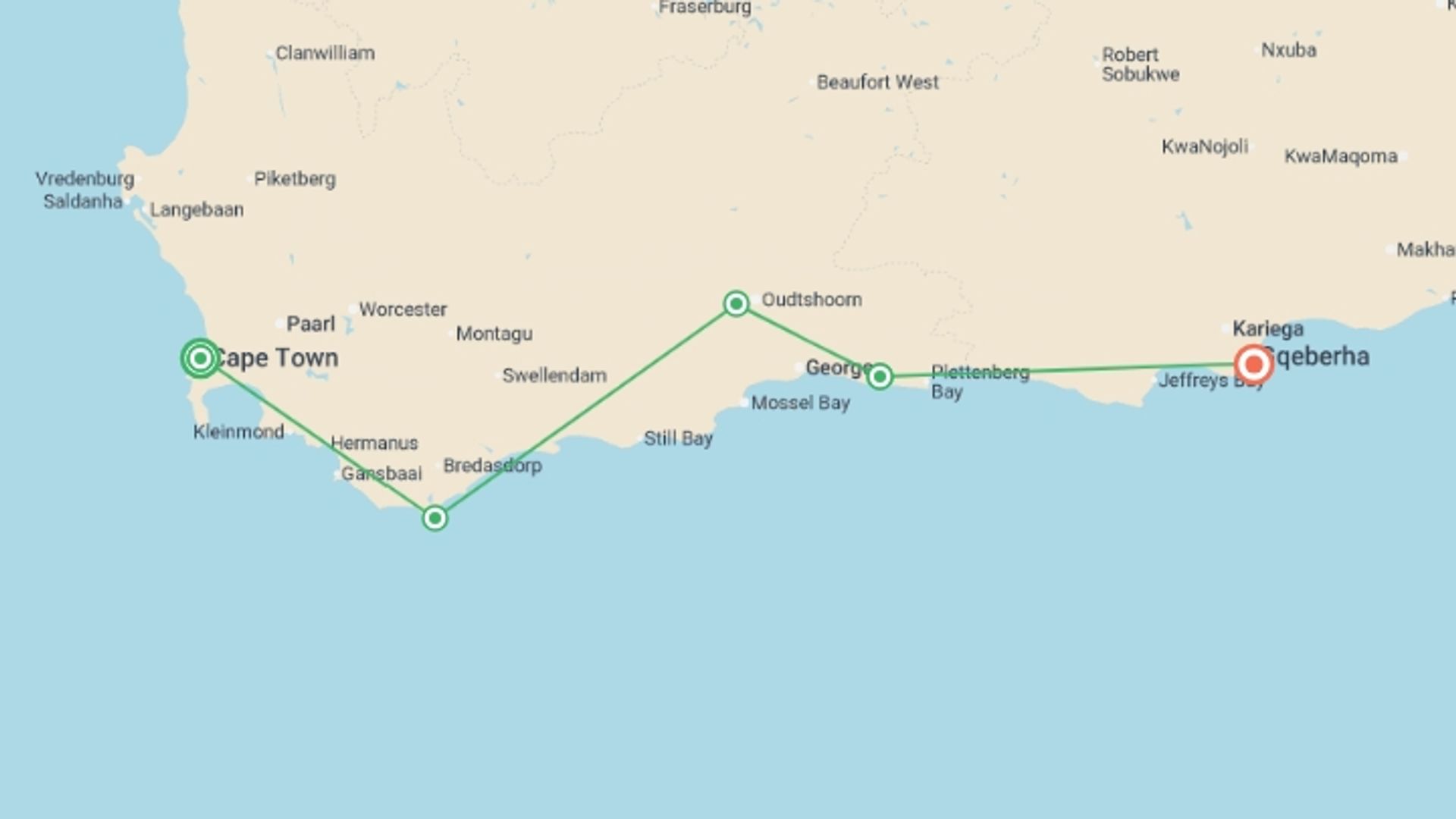 A map showing the tour itinerary for the trip: The Garden Route - 5 days, starting in Cape Town, South Africa and ending in Port Elizabeth, South Africa going through 4 other destinations.