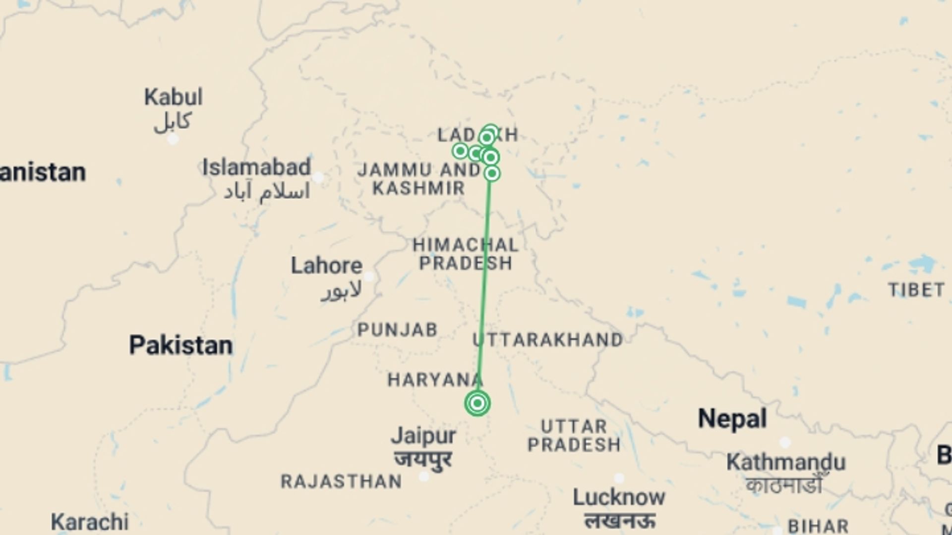 A map showing the tour itinerary for the trip: Remote Ladakh - Snia Valley and Lasermo La, starting in New Delhi, India and ending in New Delhi, India going through 8 other destinations.