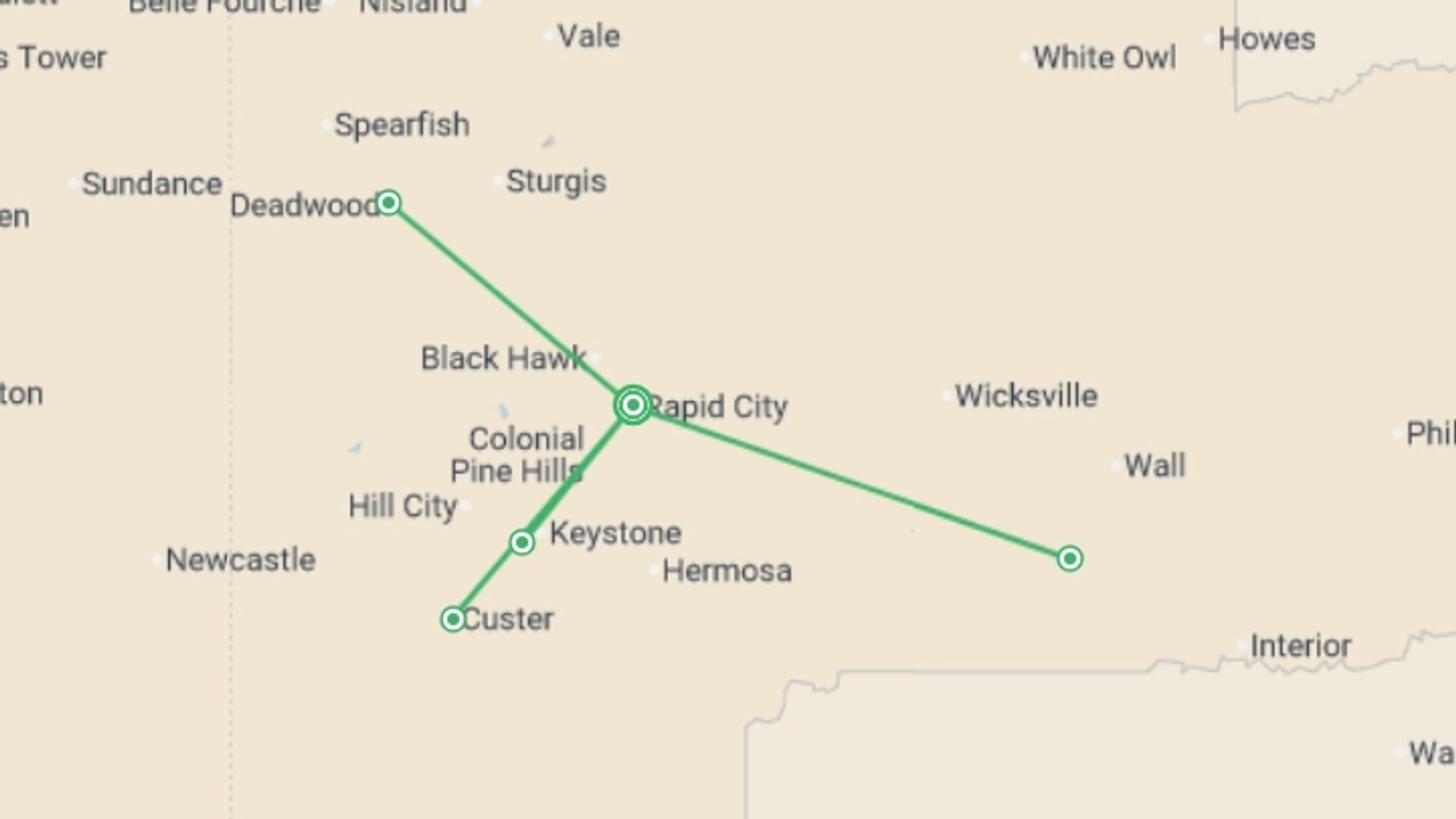 A map showing the tour itinerary for the trip: Spotlight on South Dakota, starting in Rapid City, USA and ending in Rapid City, USA going through 0 other destinations.