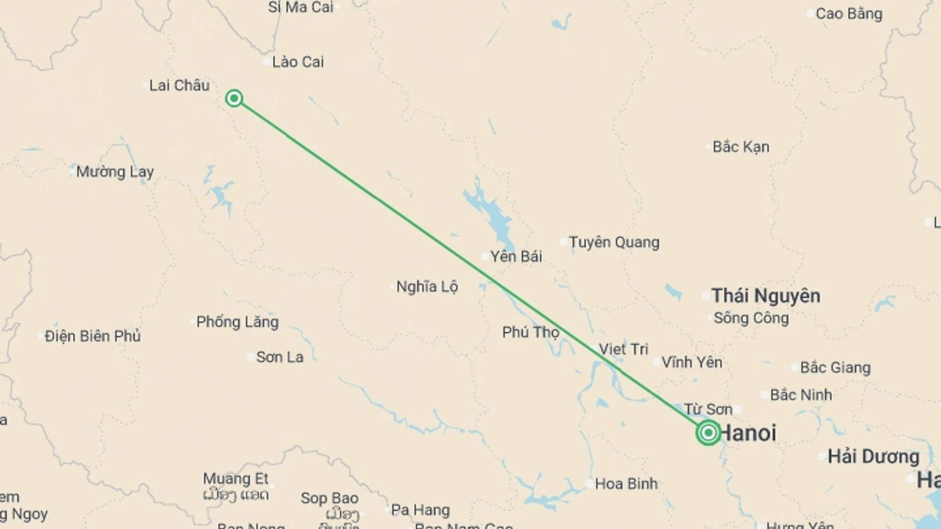 A map showing the tour itinerary for the trip: Sapa Adventure, starting in Hanoi, Vietnam and ending in Hanoi, Vietnam going through 1 other destinations.