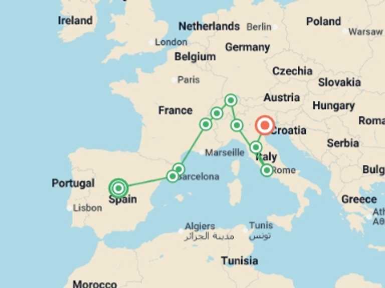Map of Europe Tour with 10 destination visits for the trip: South of Europe