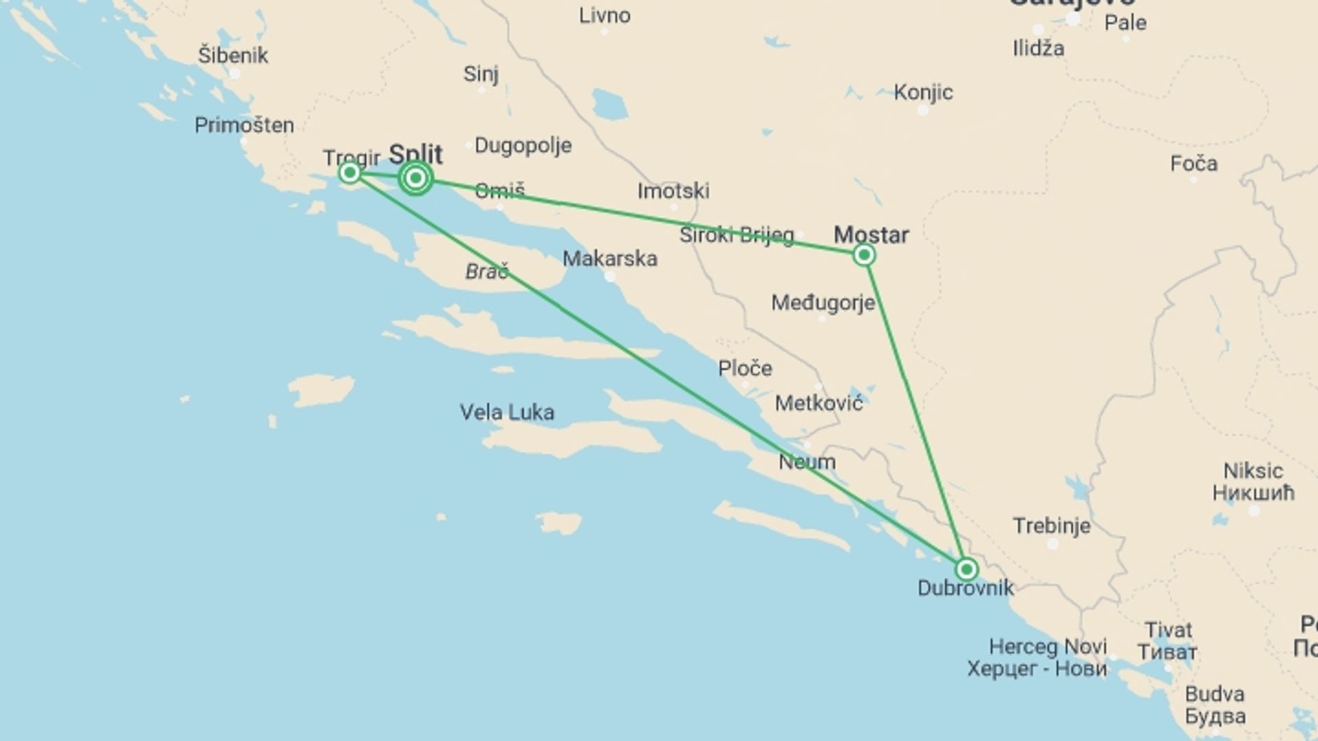 A map showing the tour itinerary for the trip: Discover Hidden Gems Of Split, Mostar, Medjugorje And Dubrovnik, Self-drive, starting in Split, Croatia and ending in Split, Croatia going through 3 other destinations.