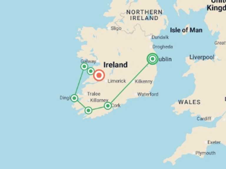 Map itinerary of Ireland Tour in Summer with 5 destination visits for the trip: Countryside of the Emerald Isle 