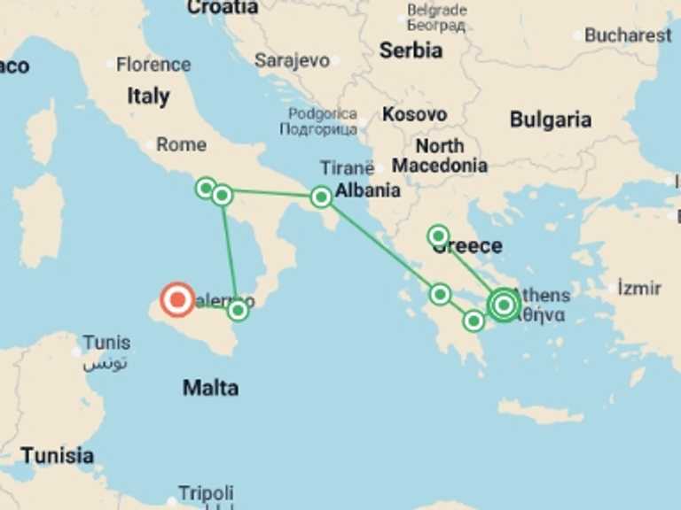 Map itinerary of Mediterranean Tour in October 2026 with 9 destination visits for the trip: Complete Greece, Puglia, Campania and Sicily