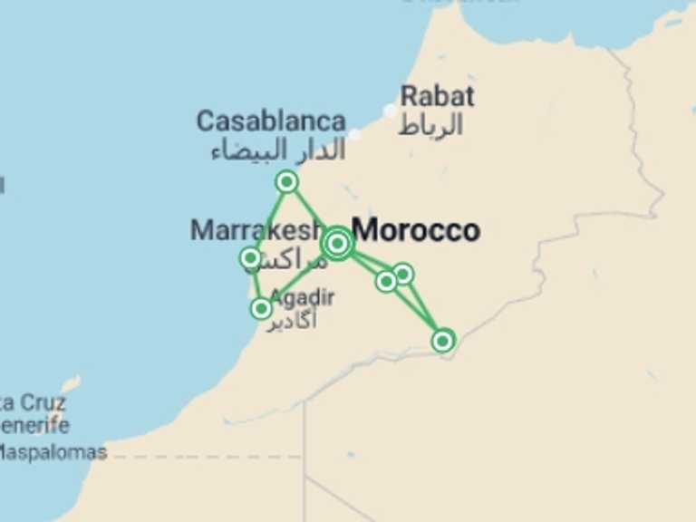 Map of Agadir Tour with 8 destination visits for the trip: Southern Morocco: The Sahara, The Coast & Marrakech