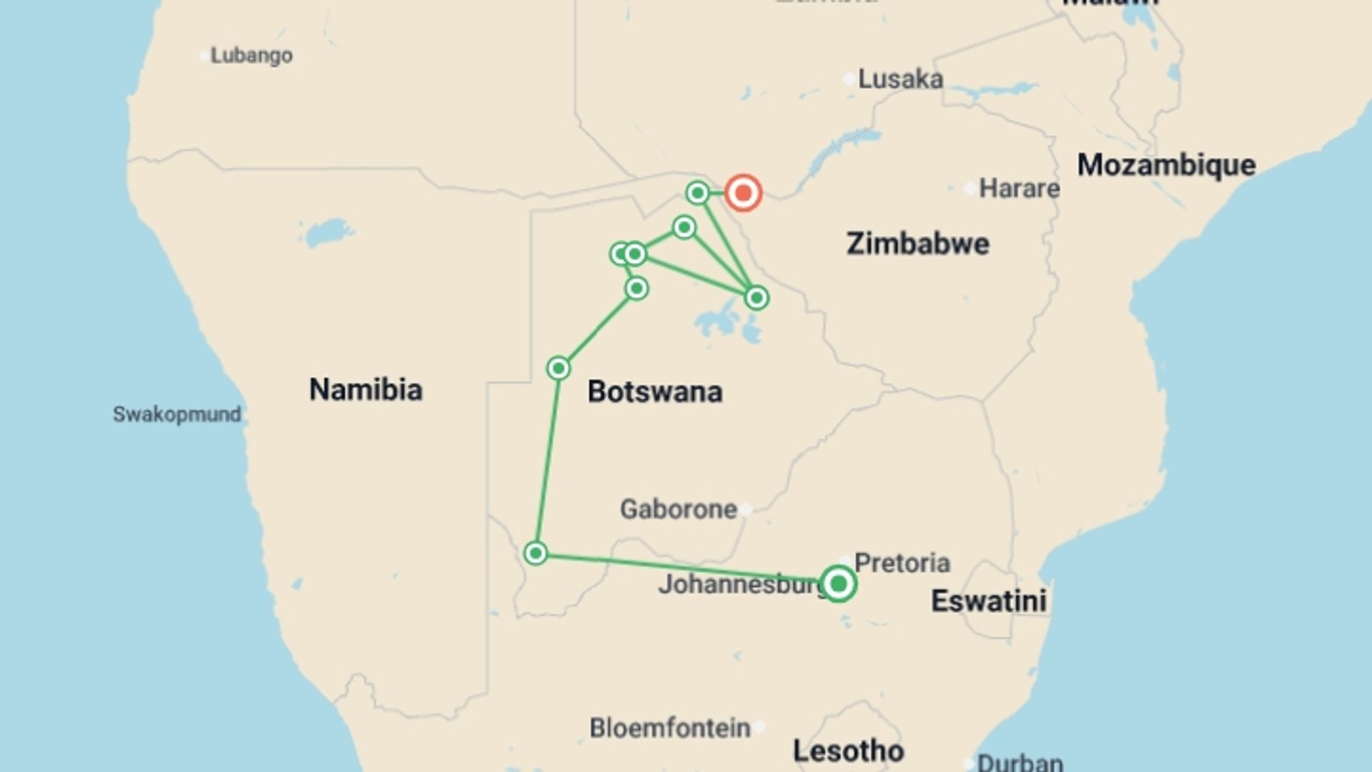 A map showing the tour itinerary for the trip: Okavango & Chobe - 2026, starting in Johannesburg, South Africa and ending in Victoria Falls, Zimbabwe going through 9 other destinations.