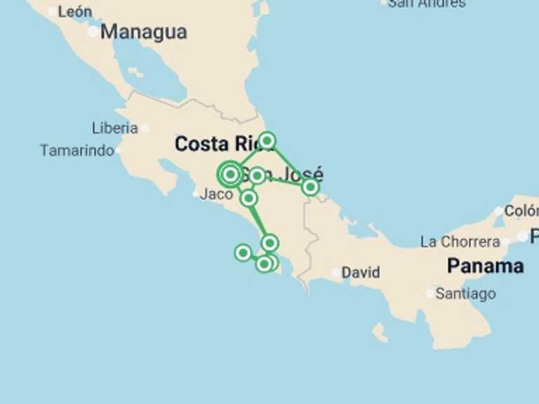 Map of San Jose Wildlife safaris and game drives Tour with 8 destination visits for the trip: Costa Rica's Coastal Secrets