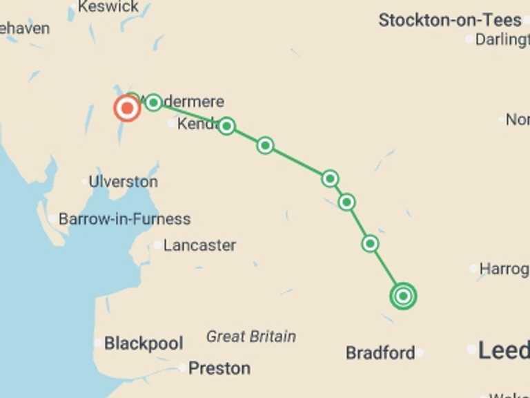 Map itinerary of Europe Tour in Summer with 8 destination visits for the trip: The Dales Way - 10 Days