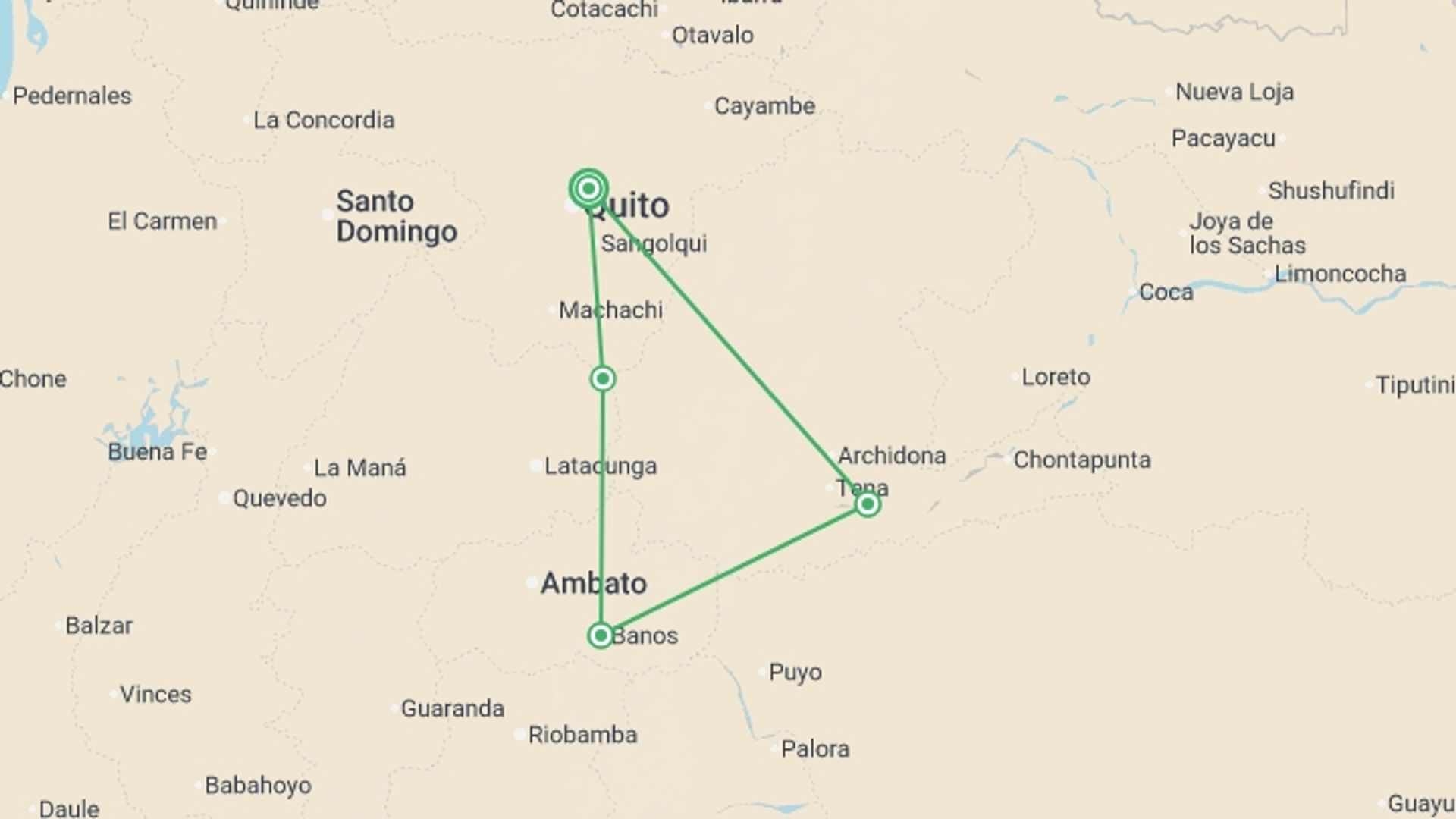A map showing the tour itinerary for the trip: Ecuador Family Holiday, starting in Quito, Ecuador and ending in Quito, Ecuador going through 3 other destinations.