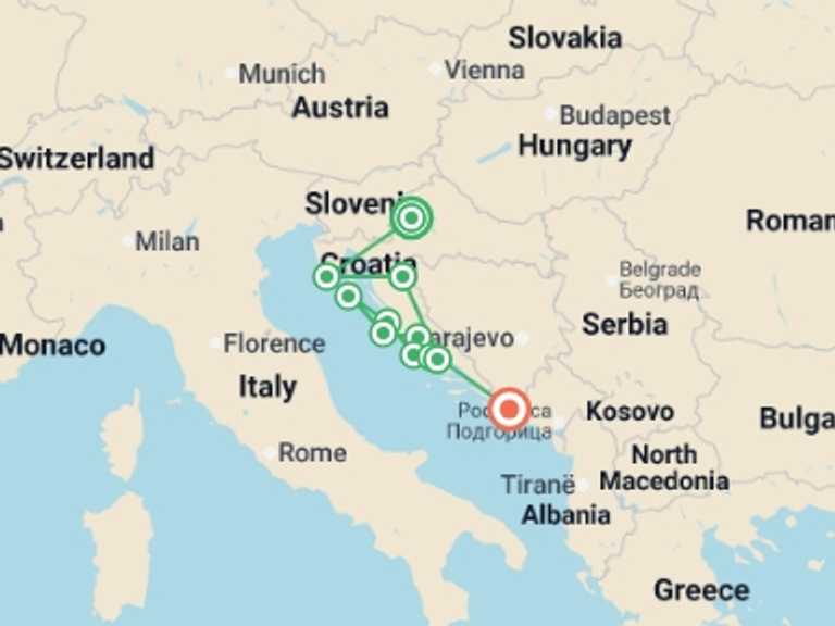 Map itinerary of Zagreb Tour in September 2027 with 2 destination visits for the trip: Croatia and the Dalmatian Coast
