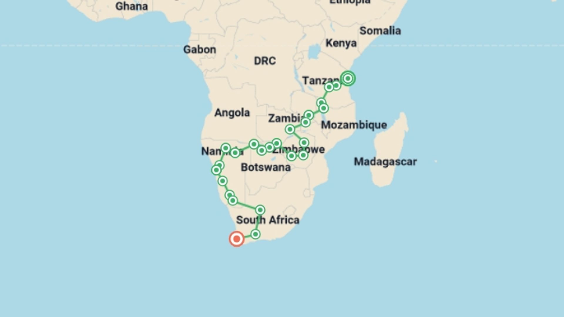 A map showing the tour itinerary for the trip: Zanzibar to Cape Town, starting in Zanzibar, Tanzania and ending in Cape Town, South Africa going through 24 other destinations.