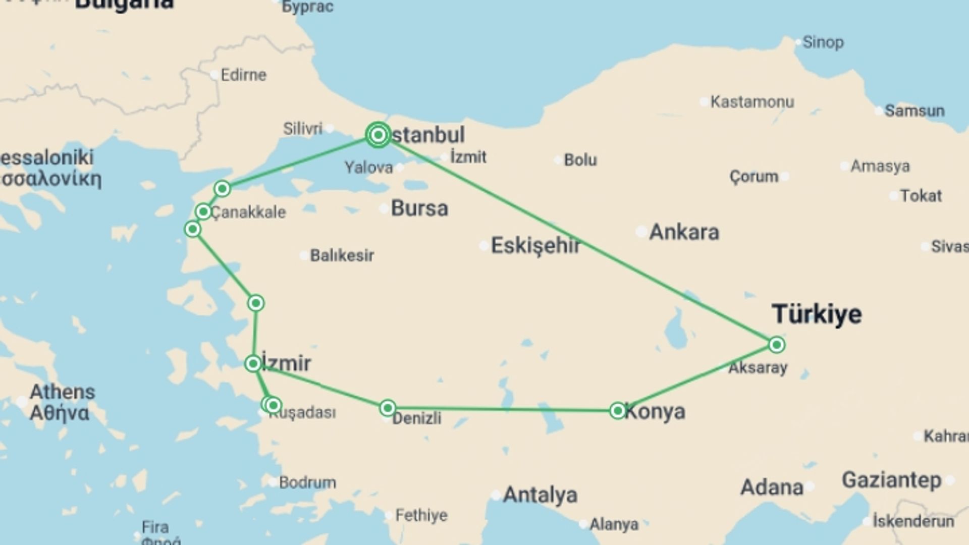 A map showing the tour itinerary for the trip: Treasures of Turkey - 11 days, starting in Istanbul, Turkey and ending in Istanbul, Turkey going through 4 other destinations.