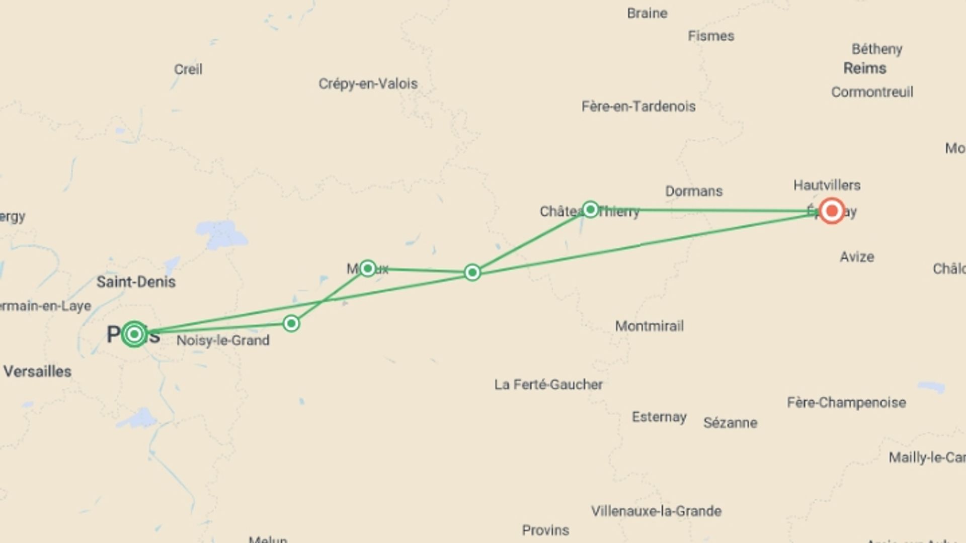 A map showing the tour itinerary for the trip: Champagne and Paris by Bike and Barge, starting in Paris, France and ending in Épernay, France going through 5 other destinations.