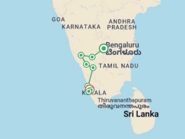 Map itinerary of South Asia Tour in January 2027 with 9 destination visits for the trip: Discover South India - Premium Adventure