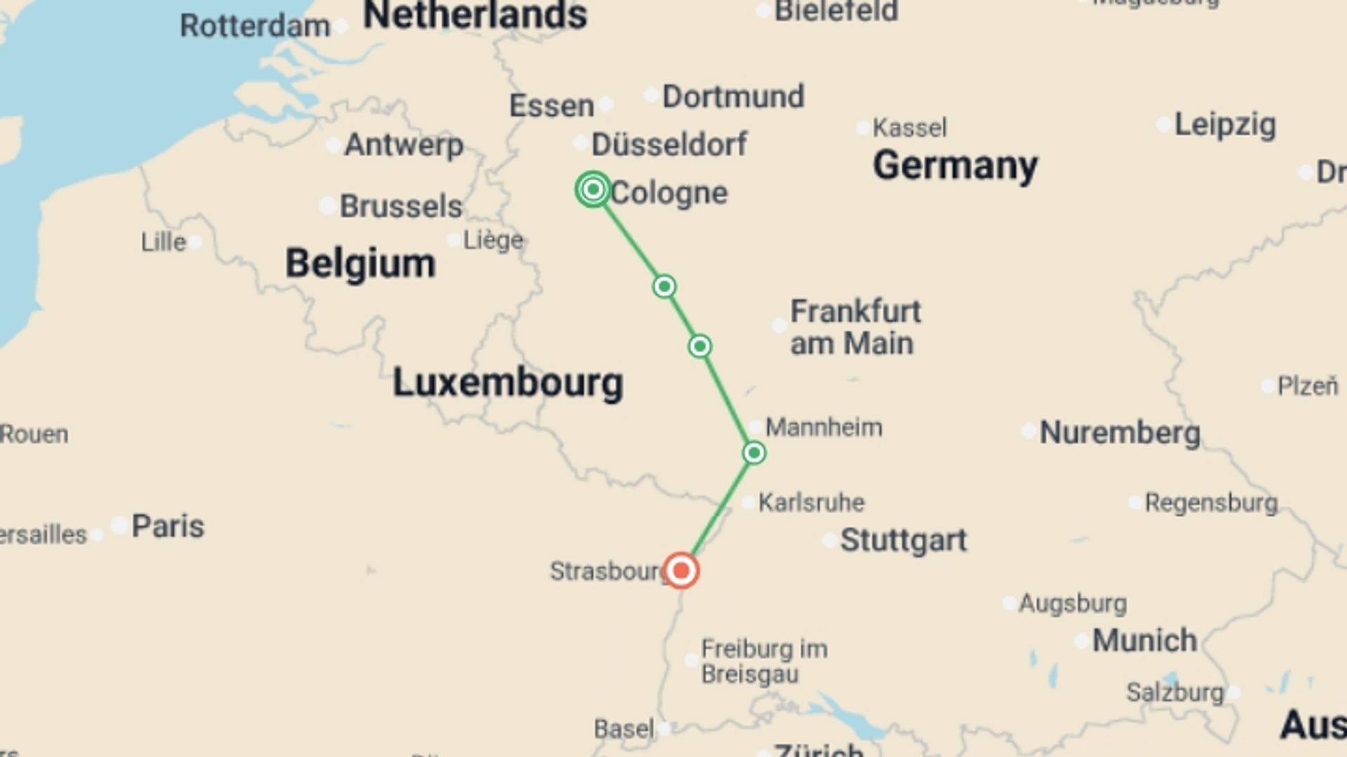 A map showing the tour itinerary for the trip: Christmas Markets along the Rhine (port-to-port package), starting in Cologne, Germany and ending in Strasbourg, France going through 3 other destinations.