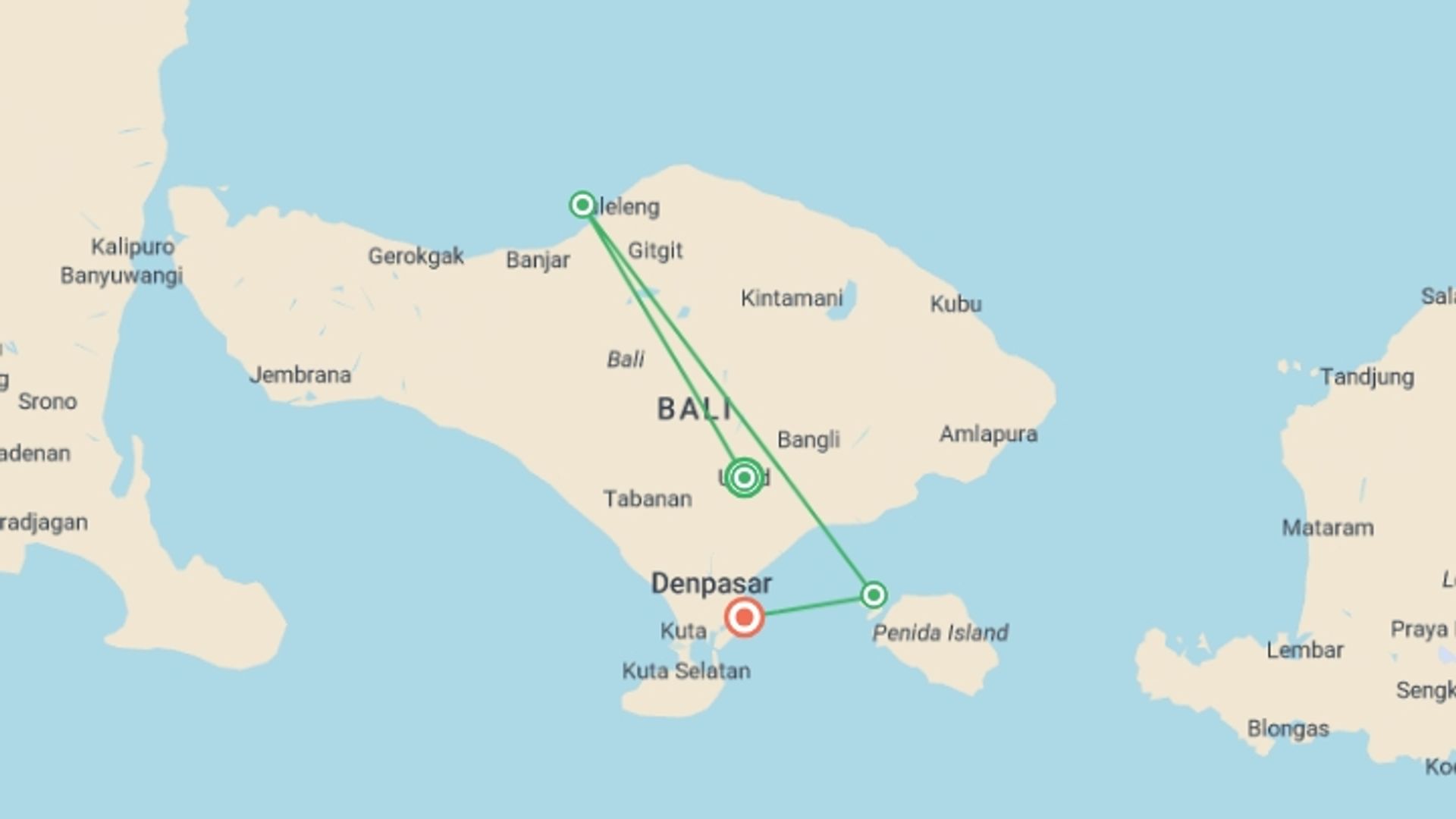 A map showing the tour itinerary for the trip: Solo-ish Bali, starting in Ubud, Indonesia and ending in Sanur, Indonesia going through 2 other destinations.