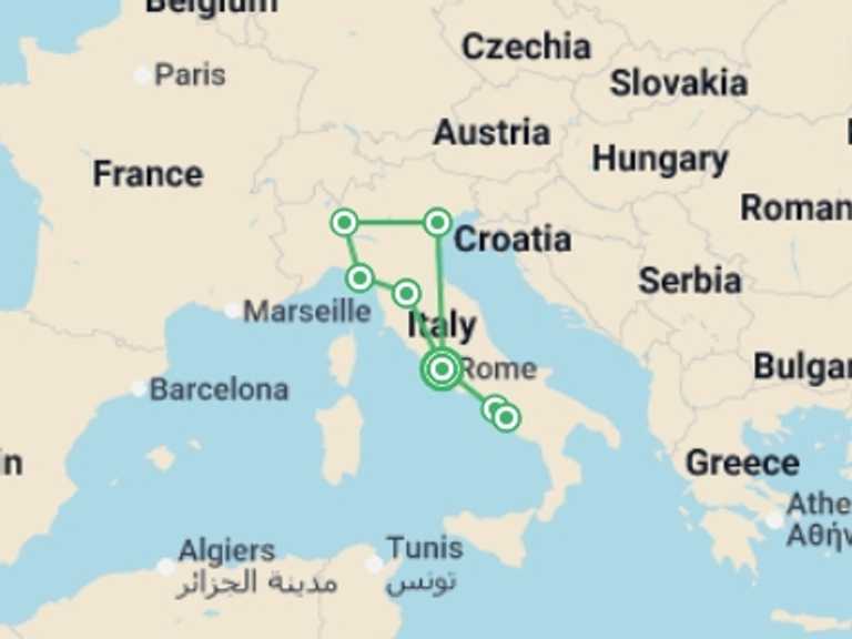 Map itinerary of Europe Tour in July 2026 with 7 destination visits for the trip: Simply Italy