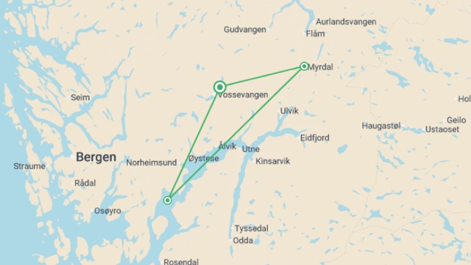 A map showing the tour itinerary for the trip: Norwegian Fjords Adventure, starting in Vossevangen, Norway and ending in Vossevangen, Norway going through 3 other destinations.