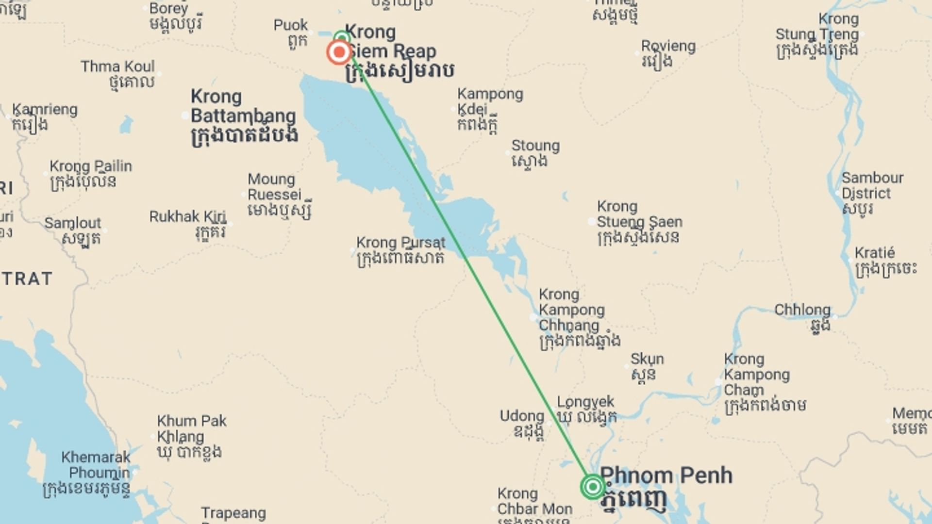 A map showing the tour itinerary for the trip: Classic Cambodia - 5 days, starting in Phnom Penh, Cambodia and ending in Siem Reap, Cambodia going through 1 other destinations.