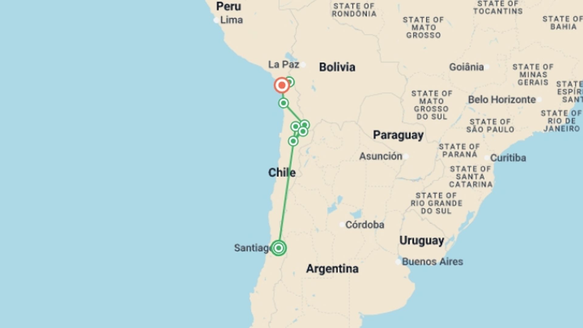 A map showing the tour itinerary for the trip: Atacama & the North - 10 Days, starting in Santiago, Chile and ending in Arica, Chile going through 5 other destinations.