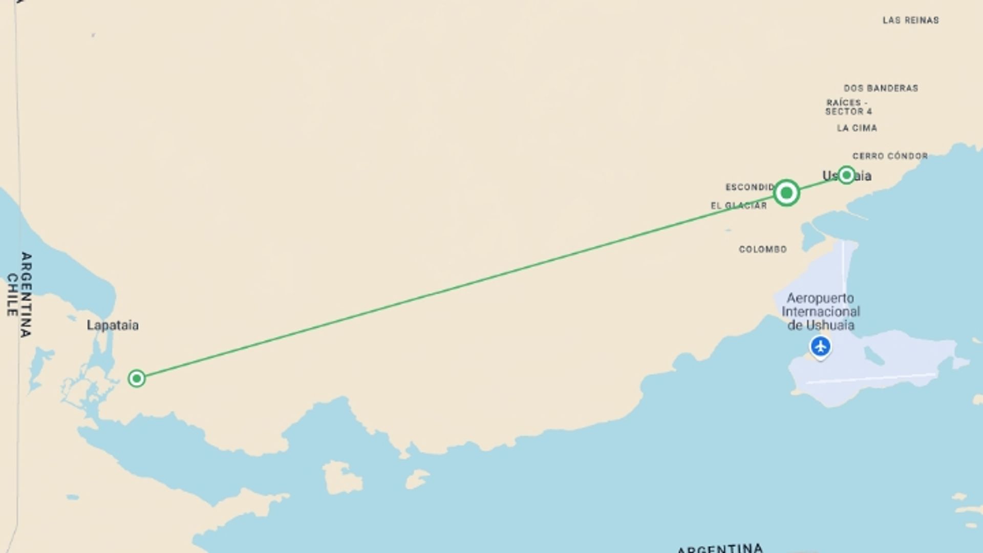 A map showing the tour itinerary for the trip: 4-Day Ushuaia Tour, starting in Tierra Del Fuego, Chile and ending in Tierra Del Fuego, Chile going through 1 other destinations.