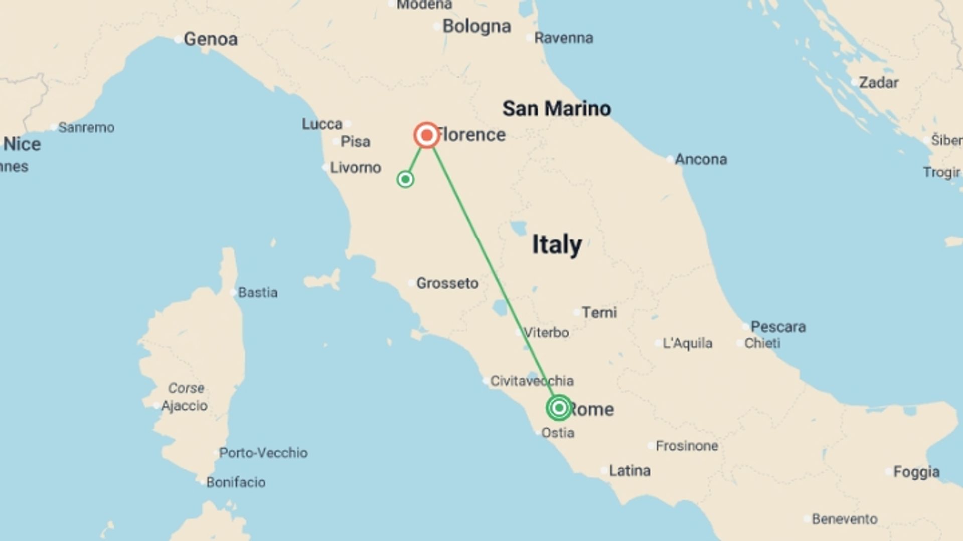 A map showing the tour itinerary for the trip: Gems Of Rome & Florence, starting in Rome, Italy and ending in Florence, Italy going through 0 other destinations.