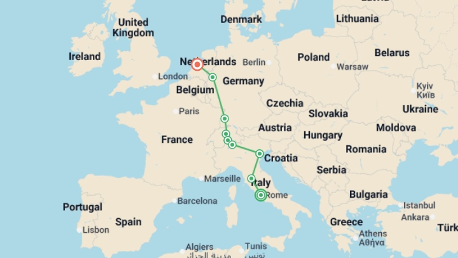 A map showing the tour itinerary for the trip: Rome to Amsterdam, starting in Rome, Italy and ending in Amsterdam, Holland going through 3 other destinations.