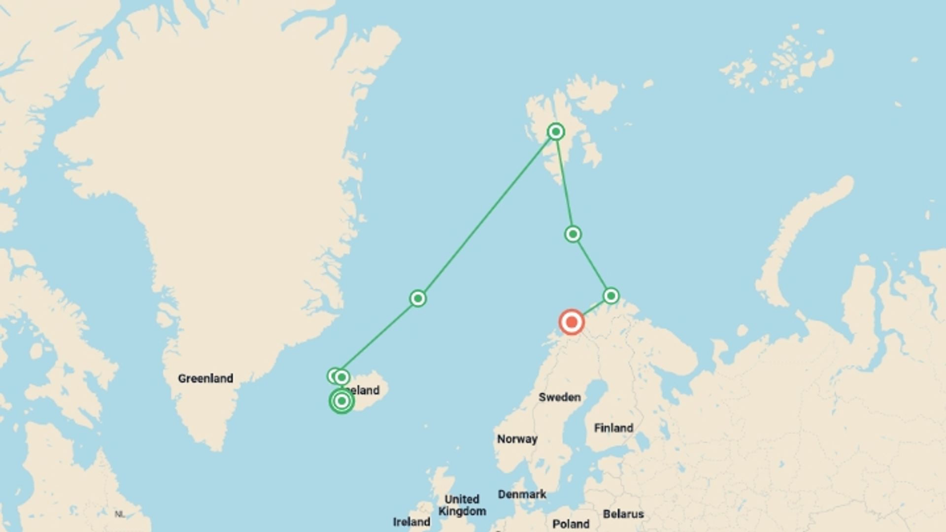 A map showing the tour itinerary for the trip: Arctic Golden Autumn & Northern Lights - M/V Sylvia Earle, starting in Reykjavik, Iceland and ending in Tromso, Norway going through 6 other destinations.