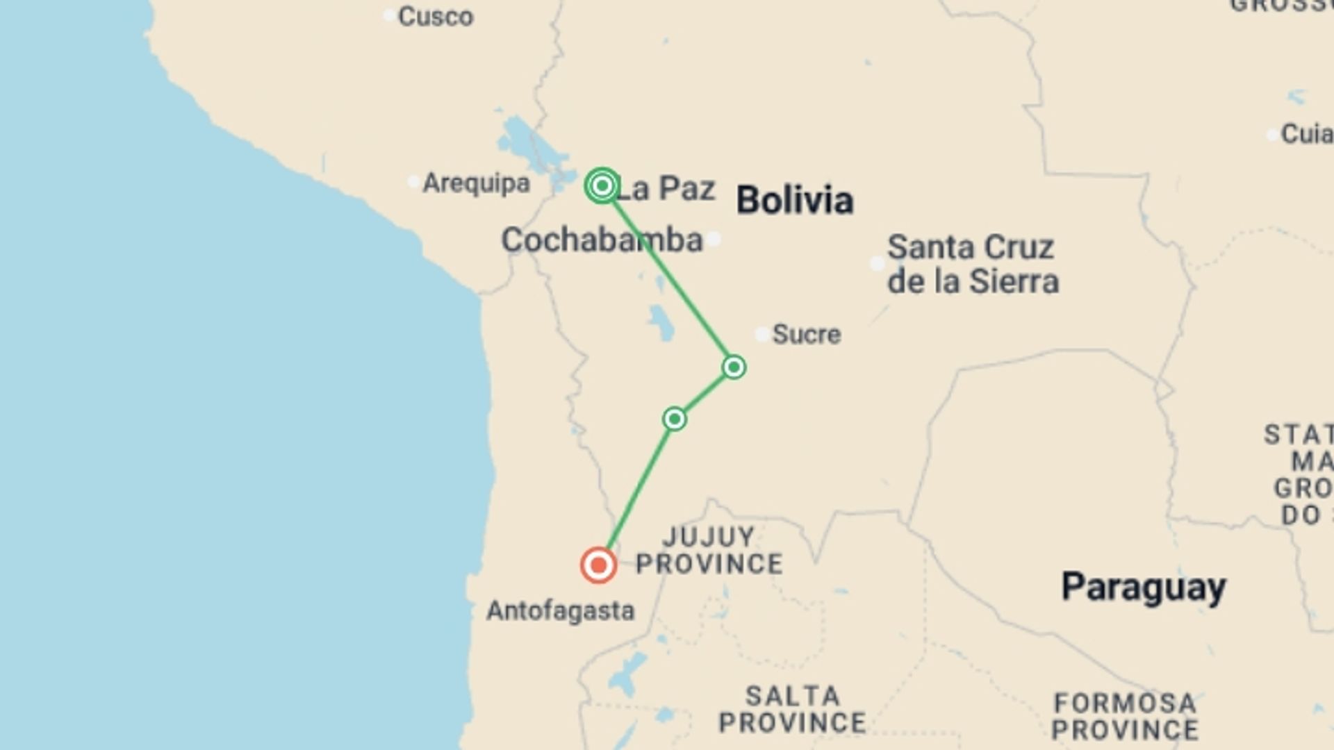 A map showing the tour itinerary for the trip: Highlights of Bolivia - 9 days, starting in La Paz, Bolivia and ending in San Pedro De Atacama, Chile going through 2 other destinations.