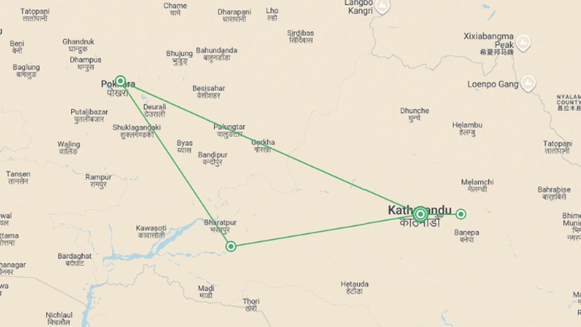 A map showing the tour itinerary for the trip: Spirit Of Nepal: Heritage, Wildlife & Mountain Beauty, French-speaking Guide, Private Tour, starting in Kathmandu, Nepal and ending in Kathmandu, Nepal going through 3 other destinations.