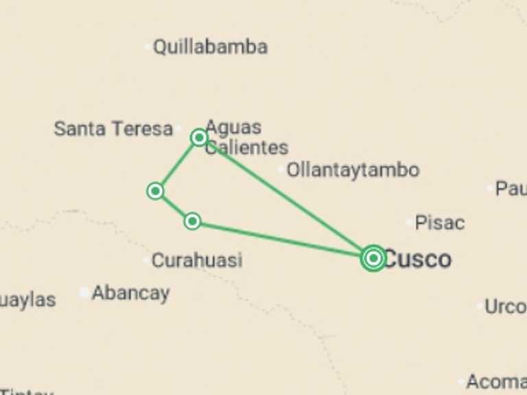 Map of Cusco Kayaking and canoeing Tour with 4 destination visits for the trip: Salkantay Trek to Machu Picchu 5D/4N (Start Trek on Day 2)