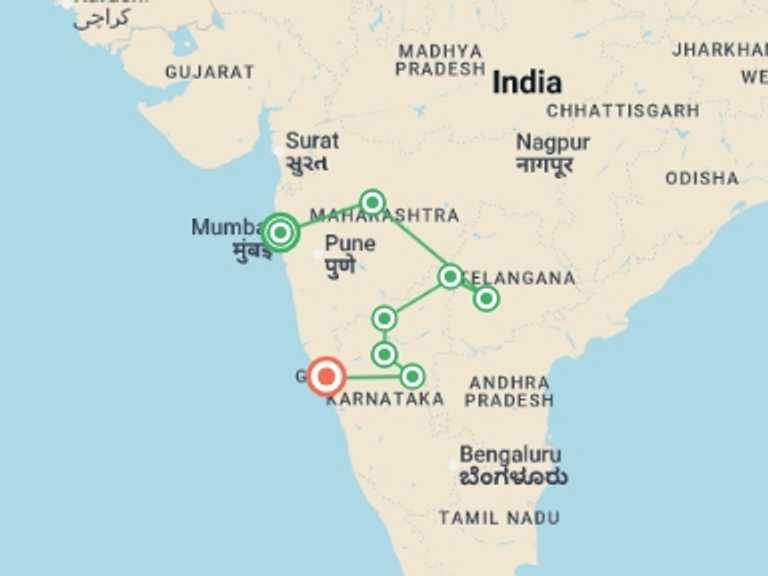Map itinerary of Asia Tour in December 2026 with 8 destination visits for the trip: Treasures of Central India