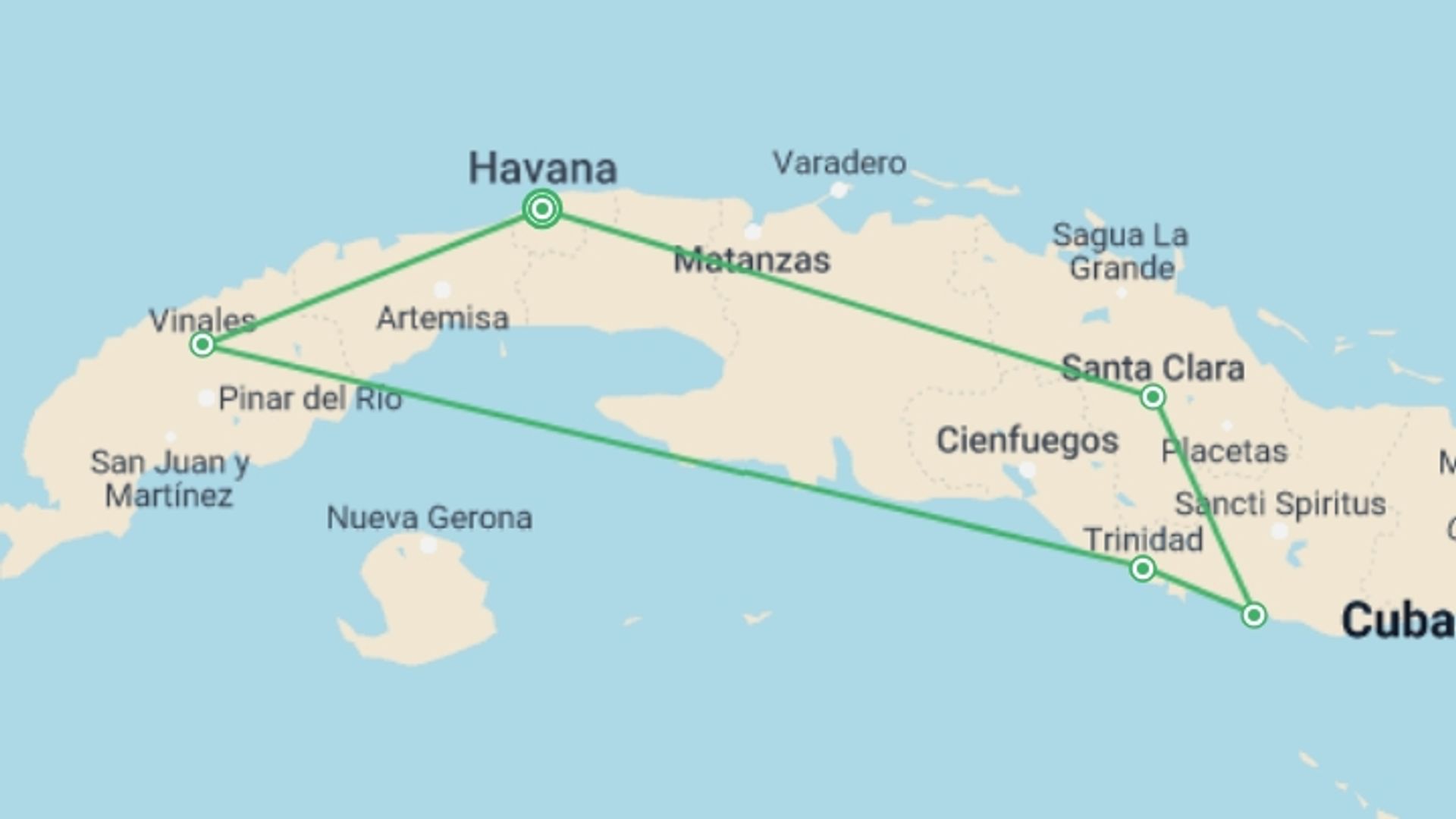 A map showing the tour itinerary for the trip: The Best of Western Cuba, starting in Havana, Cuba and ending in Havana, Cuba going through 3 other destinations.