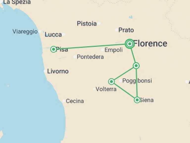 Map itinerary of Mediterranean Tour in September 2026 with 2 destination visits for the trip: Tuscany Escape: 7 Days Through Art, Wine & Hills, Self-drive