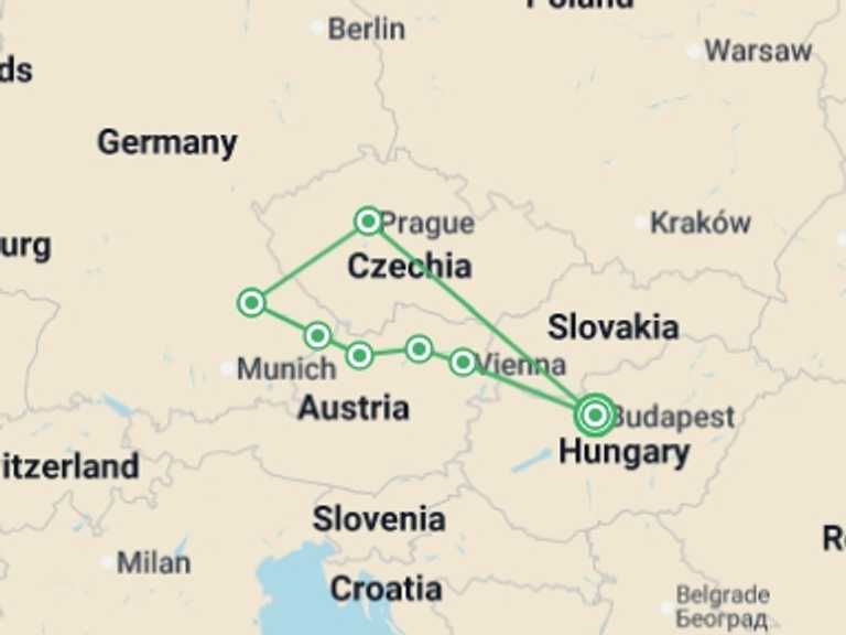 Map of Europe Tour with 7 destination visits for the trip: Delightful Danube & Prague (2027)