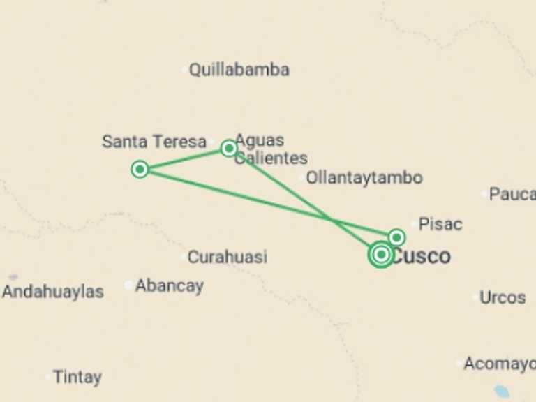 Map of Cusco Cultural, religious and historic sites Tour with 7 destination visits for the trip: Inca Quarry Trek to Machu Picchu 4D/3N