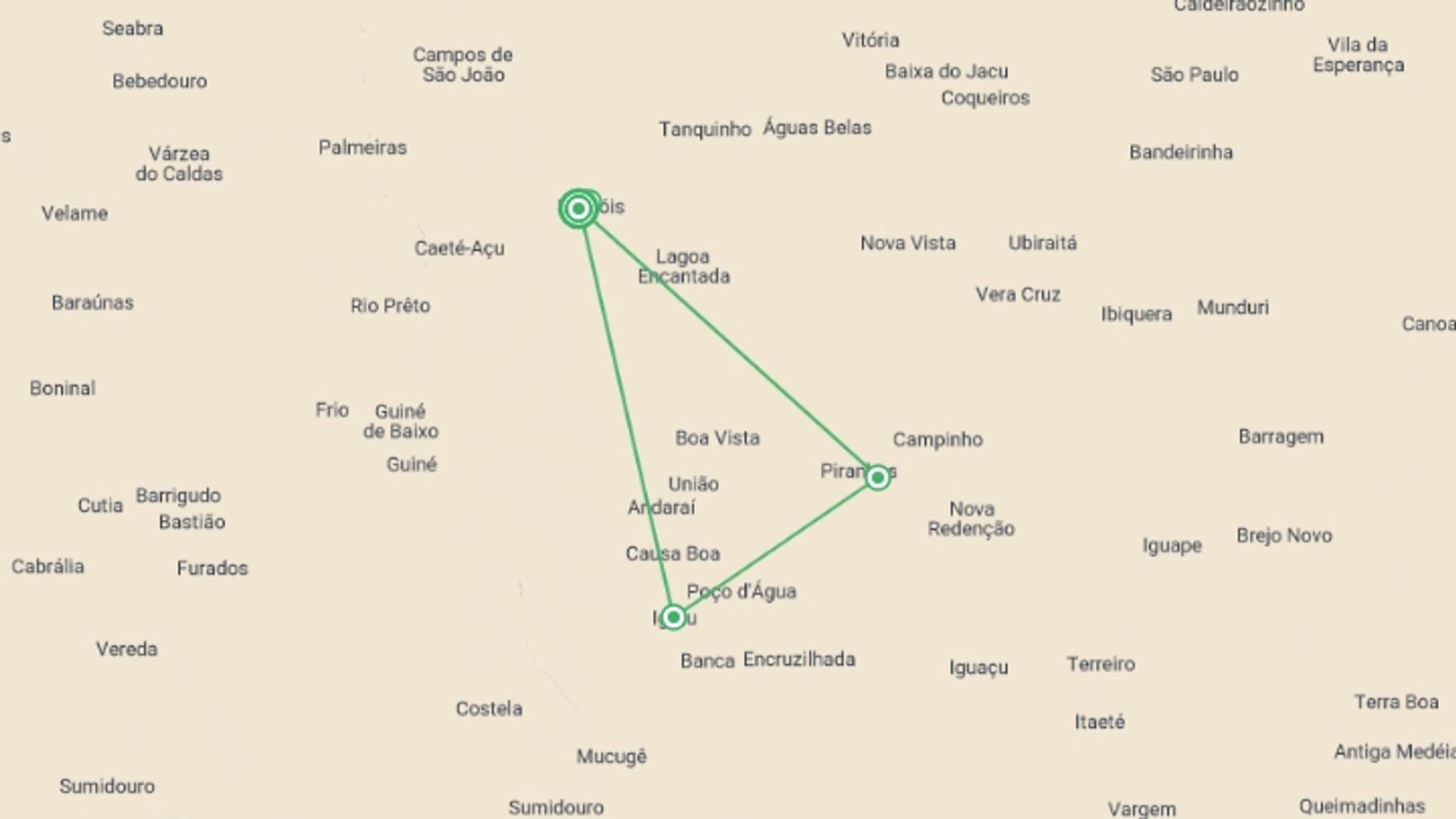 A map showing the tour itinerary for the trip: Chapada Diamantina National Park Experience 4D/3N, starting in Lençóis, Brazil and ending in Lençóis, Brazil going through 2 other destinations.