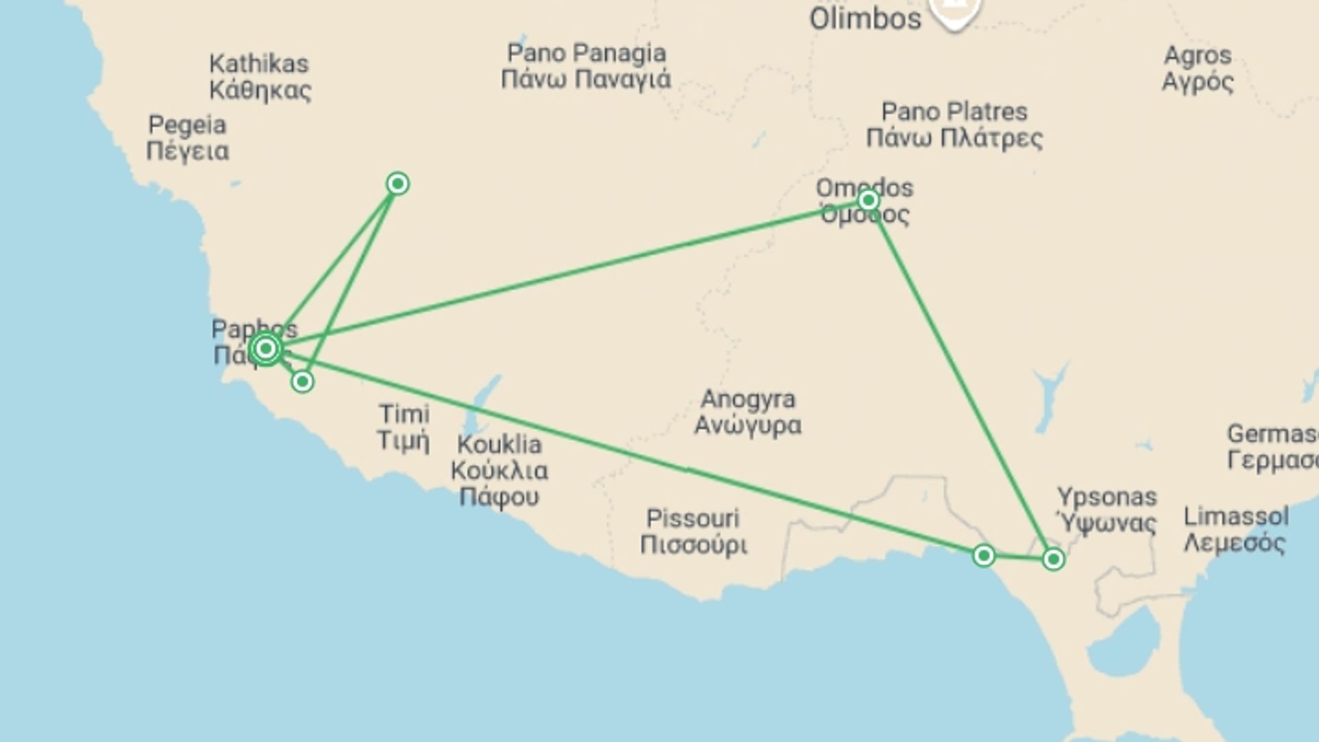 A map showing the tour itinerary for the trip: 6 Days Timeless Cyprus: A Cultural And Culinary Adventure, starting in Paphos, Cyprus and ending in Paphos, Cyprus going through 0 other destinations.