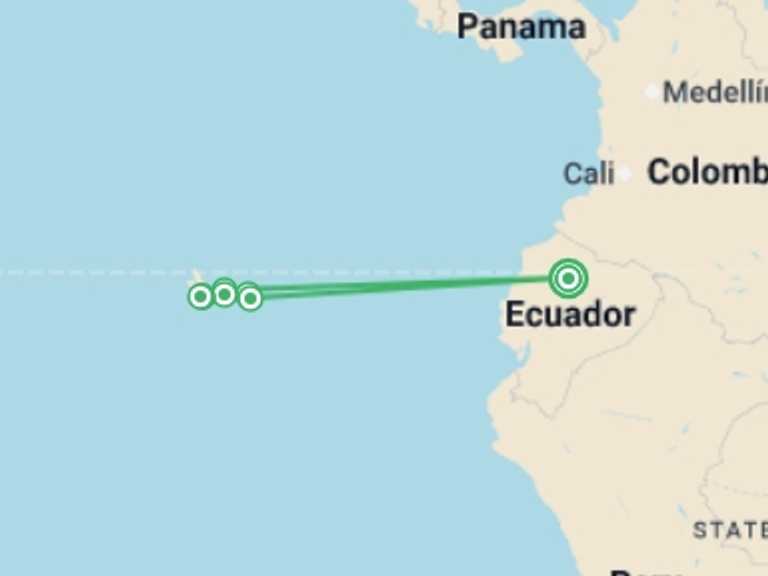Map itinerary of South America Tour in July 2026 with 7 destination visits for the trip: Galapagos Active Adventure - 10 days
