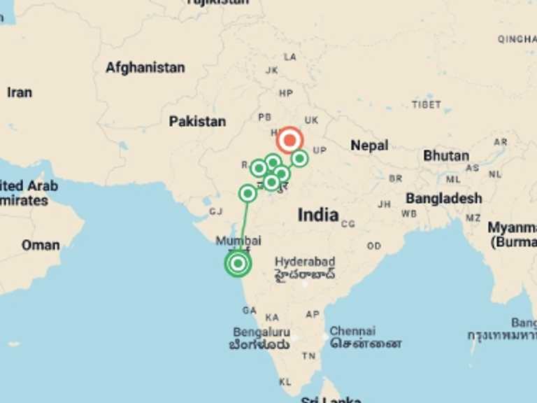 Map itinerary of India Tour in September 2027 with 8 destination visits for the trip: Premium India in Depth
