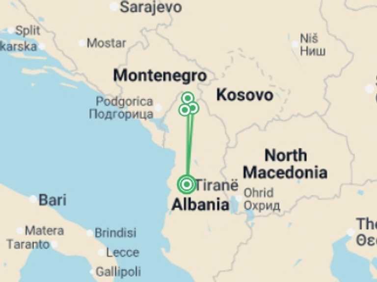 Map itinerary of Europe Tour in August 2026 with 4 destination visits for the trip: Hike the Albanian Alps