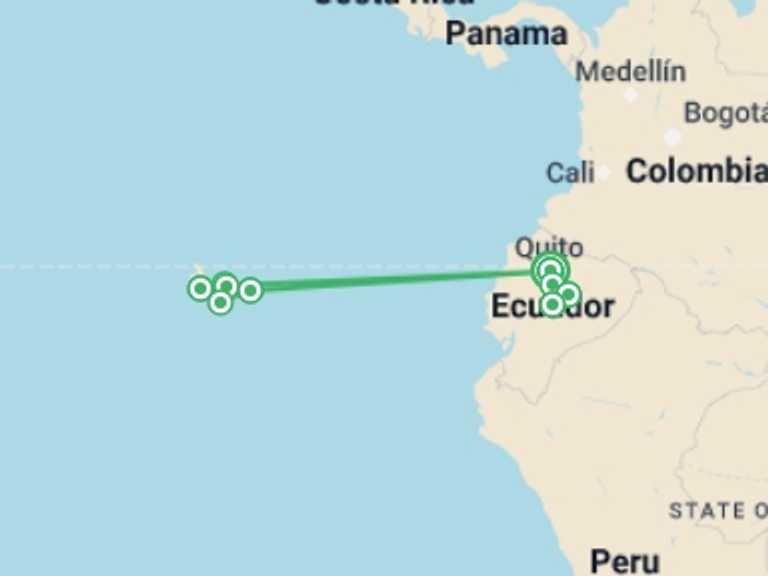 Map itinerary of Quito Tour in July 2027 with 7 destination visits for the trip: Solo-ish Ecuador & Galapagos